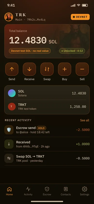 TRK mobile app mockup: home screen with balance and Send, Receive, Swap, Buy and Sell buttons