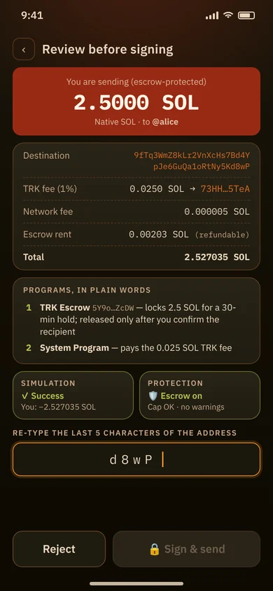 TRK mobile app mockup: review before signing, showing amount, fees, destination and programs