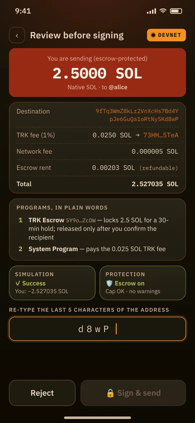 TRK mobile app mockup: review before signing, showing amount, fees, destination and programs