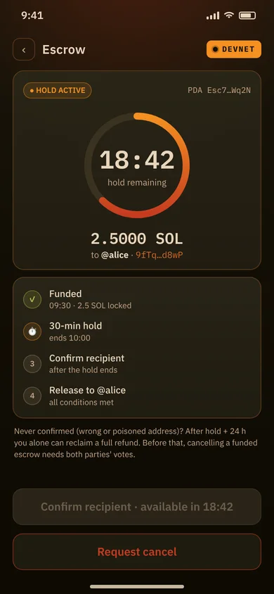 Mockup: escrow hold countdown before confirming the recipient