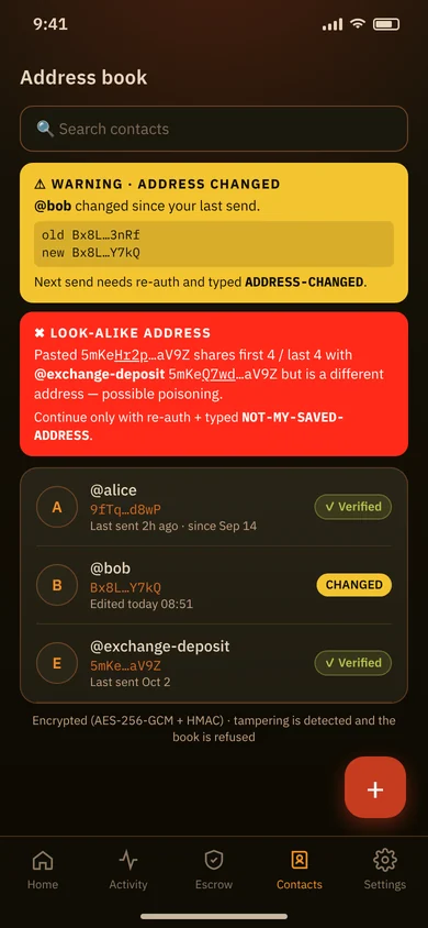 Mockup: address book with changed-address and look-alike warnings