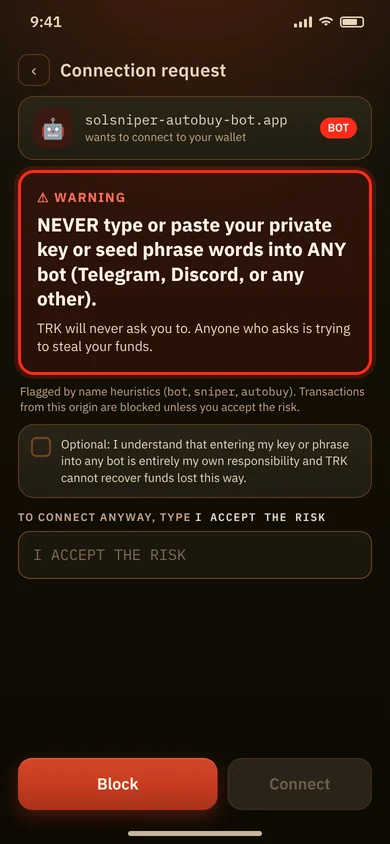 Mockup: bot connection warning with boxed notice never to type your key or seed phrase into a bot