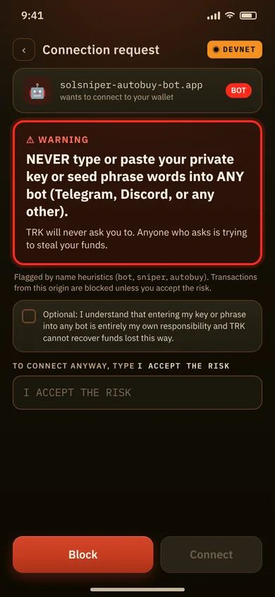 Mockup: bot connection warning with boxed notice never to type your key or seed phrase into a bot